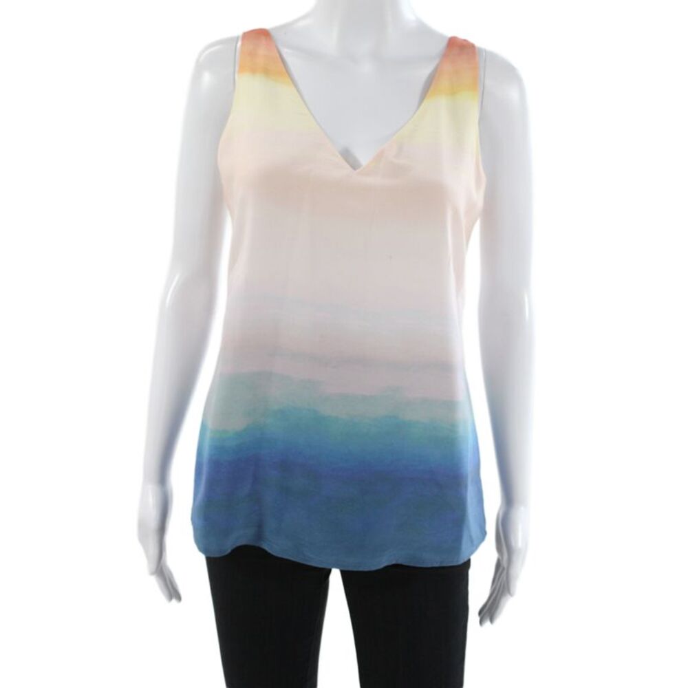 Ecru Women Camisole Blue Silk V-Neck Striped Lace-Up Sleeveless Beach Size XS